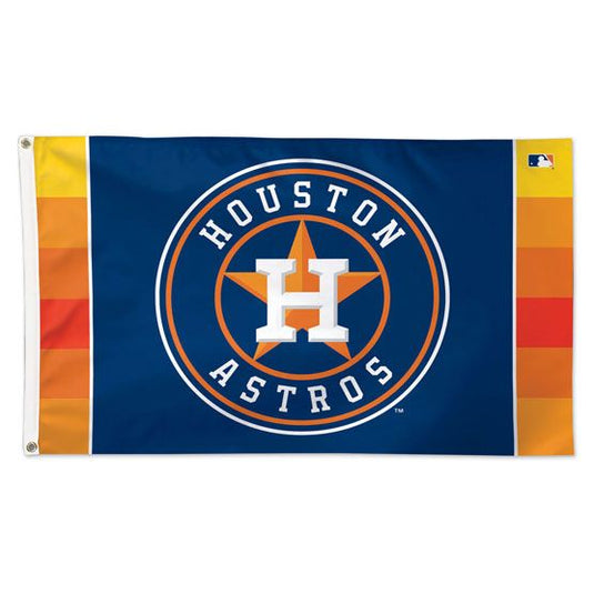 Deluxe 3'x5' MLB Houston Astros flag featuring the navy blue, orange, and white circular team logo on a blue field, flanked by horizontal orange and yellow stripes.