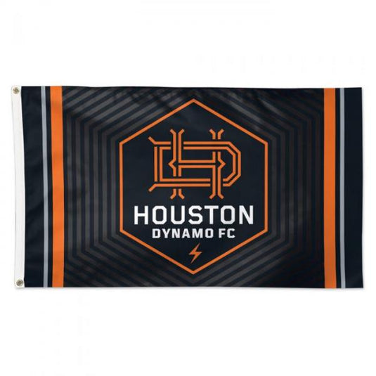 Deluxe 3'x5' MLS Houston Dynamo FC flag featuring the interlocking orange logo and white team name on a dark gray field with a repeating hexagon pattern.