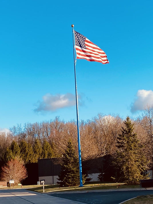 American flag waving on a flagpole against a clear blue sky with trees in the background.
