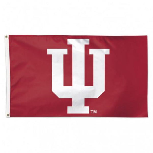 Deluxe 3'x5' NCAA Indiana Hoosiers flag on a crimson red field, prominently featuring the white interlocking IU logo for fan display.