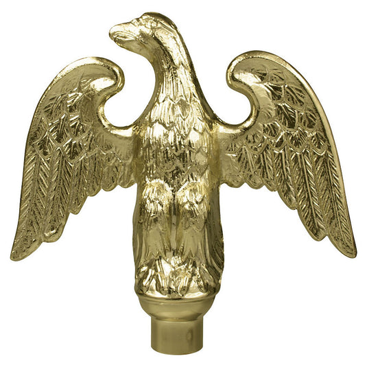 Close-up of the large, detailed gold eagle finial with outstretched wings. This perched eagle ornament is used to crown the indoor parade oak flagpole.