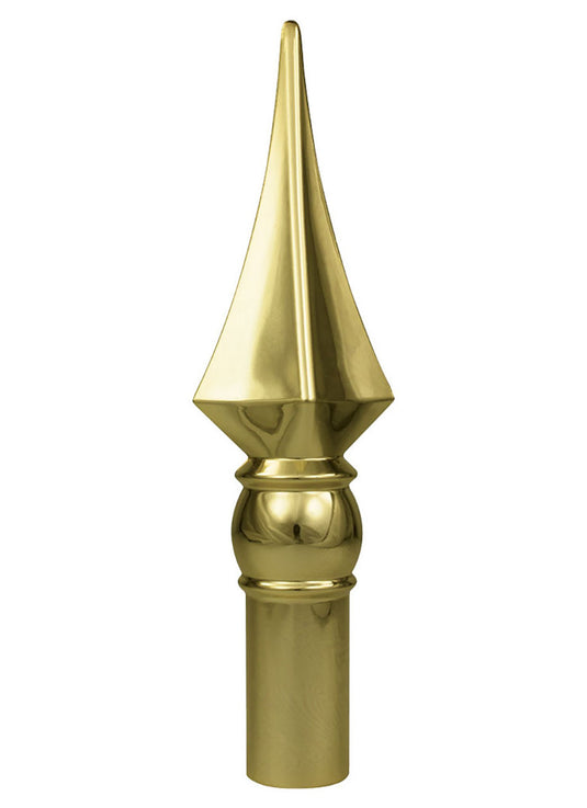 Polished brass-finish spearhead ornament (finial) with a distinct faceted design, used as a traditional topper for the ceremonial oak indoor flagpole.