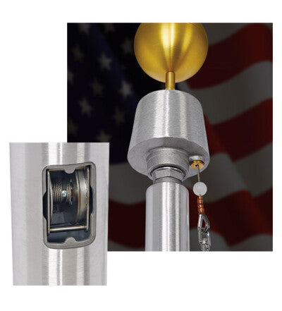 Load image into Gallery viewer, Top section detail of the Washington Series Aluminum Flagpole showing the gold ball finial and silver cone-shaped revolving truck.
