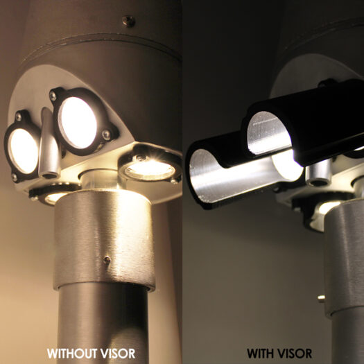 Side-by-side comparison of Internal Halyard Beacon: "Without Visor" shows exposed lights, "With Visor" shows reduced glare.