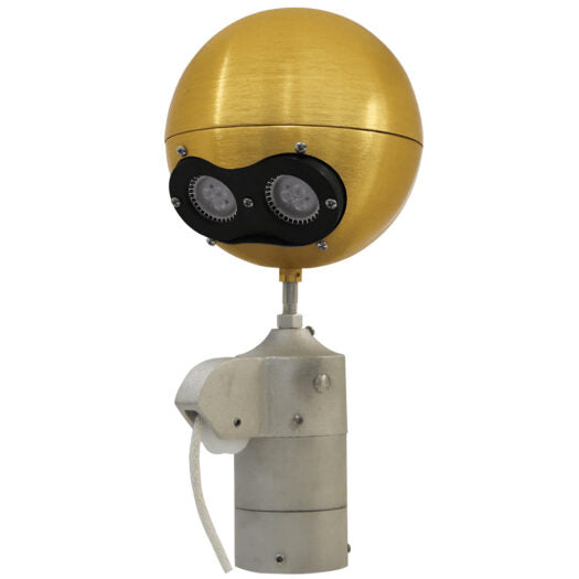 Load image into Gallery viewer, Standard Internal Halyard Cam Cleat Beacon Truck Light with a brilliant gold finish, showing the pulley and halyard rope.
