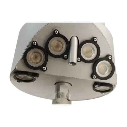 Close-up bottom view of the internal halyard flagpole beacon light showing the arrangement of the five LED lenses and the center mounting thread.