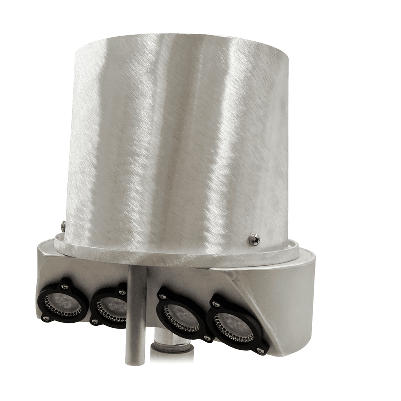 Load image into Gallery viewer, Front view of the internal halyard beacon light showcasing the brushed metal finish on the conical housing and four LED modules.
