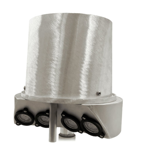 Full frontal image of the Made in the USA internal halyard flagpole light, featuring a distinct brushed silver finish and the four LED lighting base.