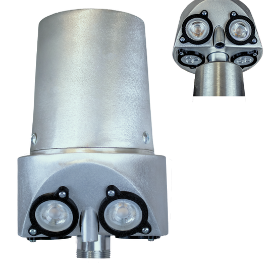 Composite image showing the large internal halyard beacon truck light with two LED modules from the front and a close-up angle detail (top right).