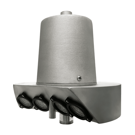 Close-up front view of the large internal halyard flagpole beacon light that illuminates the flag with four recessed LED modules.