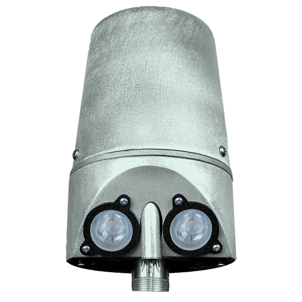 Load image into Gallery viewer, Front-facing view of the internal halyard beacon light featuring a textured silver finish and two powerful LED lenses.
