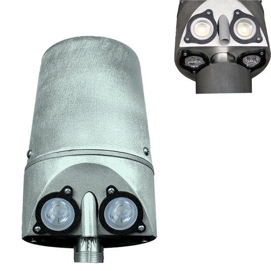 Detailed view of the weatherproof internal halyard flagpole beacon light, showing the durable silver housing and recessed LED lights.