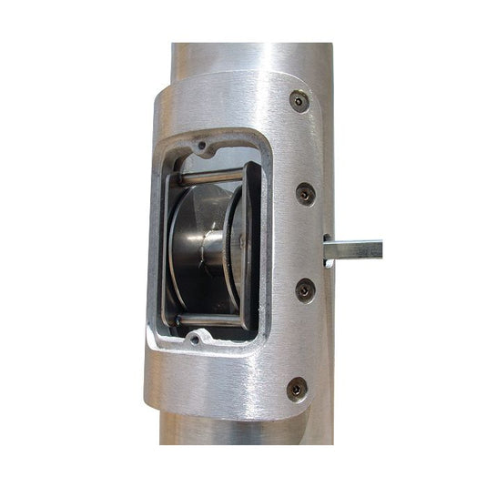 Close up image of internals of a flagpole, showing the winch system within.
