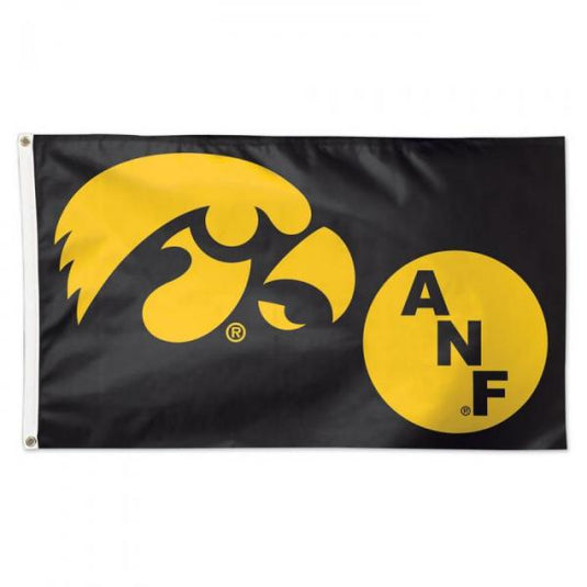 Black 3x5 Iowa Hawkeyes flag featuring the large gold Hawkeye logo and the round ANF (America Needs Farmers) logo.