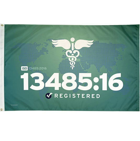 Green ISO 13485:16 Registered flag featuring the white caduceus medical symbol over a dotted world map background.