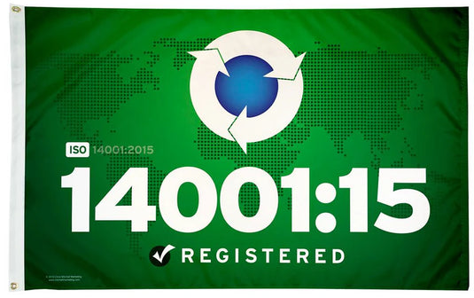 Green ISO 14001:15 Registered flag with a recycling logo over a world map, showing environmental management certification.