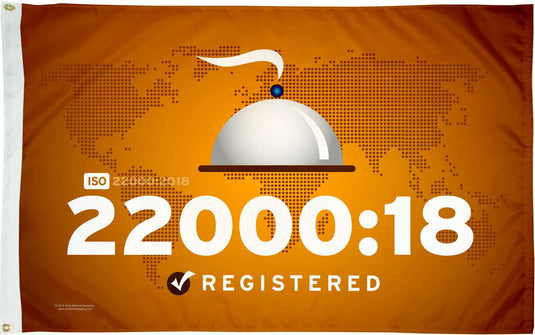 Brown ISO 22000:18 Registered flag, featuring a food cloche symbol over a world map for food safety standards.