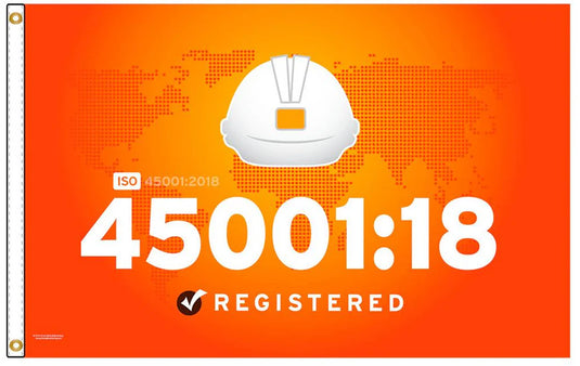 ISO 45001:18 Registered flag in orange, with a hard hat symbol representing occupational health and safety standards.