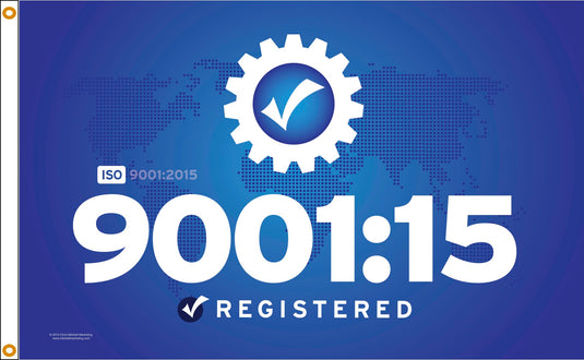 ISO 9001:15 Registered flag in blue, featuring a white gear and checkmark logo over a dotted world map.