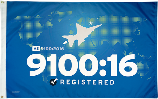 Blue AS 9100:16 Registered flag, featuring a white jet silhouette over a dotted world map for aerospace standards.
