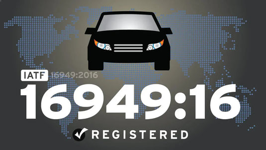 IATF 16949:16 Registered flag in dark gray, with a car icon over a world map, representing automotive quality standards.