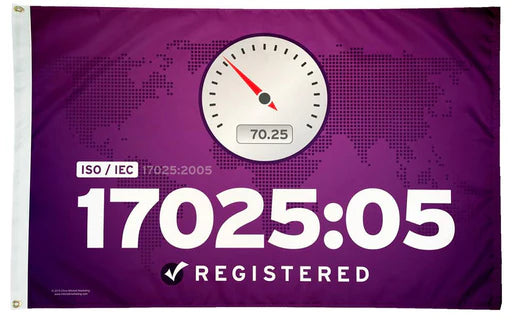 Purple ISO/IEC 17025:05 Registered flag with a calibration gauge, representing testing and laboratory standards.
