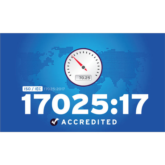 Blue ISO/IEC 17025:17 Accredited flag with a calibration gauge, representing lab testing standards.