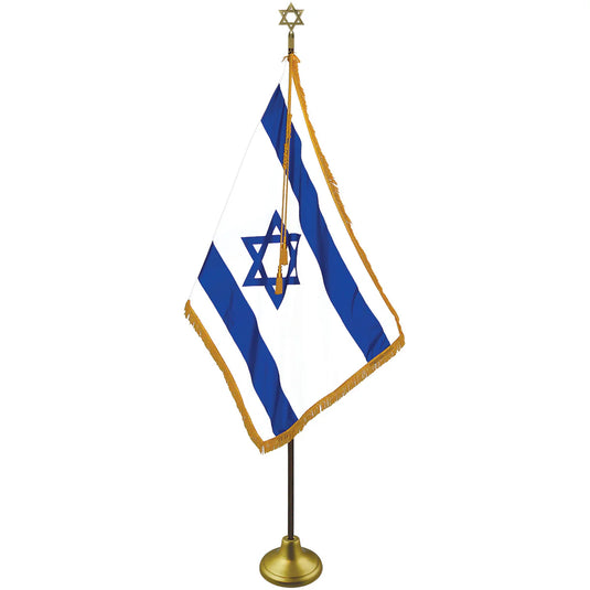 Complete Israel Nylon Indoor Flag Set with gold fringe, pole, floor stand, and Star of David finial.