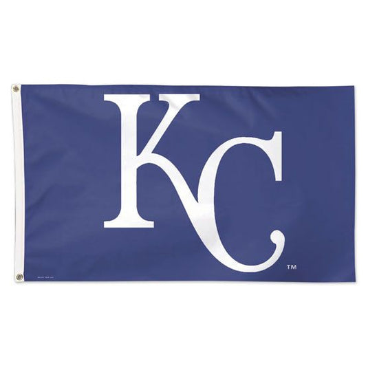 A 3x5 deluxe Kansas City Royals MLB flag featuring the team's large white KC monogram logo on a royal blue field.