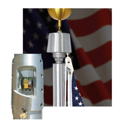 Raised and reinforced flagpole door, opened to show internal cam cleat next to image of top of flagpole, showing conical shaped truck and gold ball finial in front of a US flag backdrop.