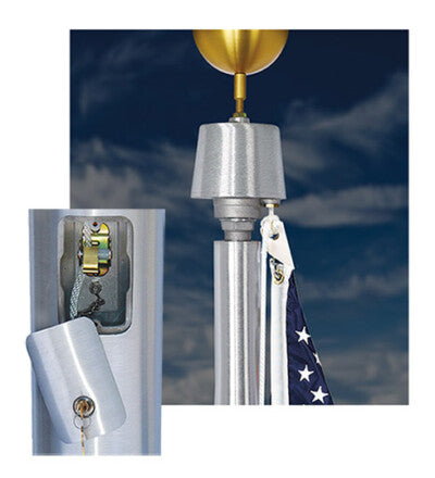 Load image into Gallery viewer, Composite image showing the Kennedy Series internal halyard flagpole's vandal-resistant cam cleat access door (bottom left) and the revolving truck at the top.

