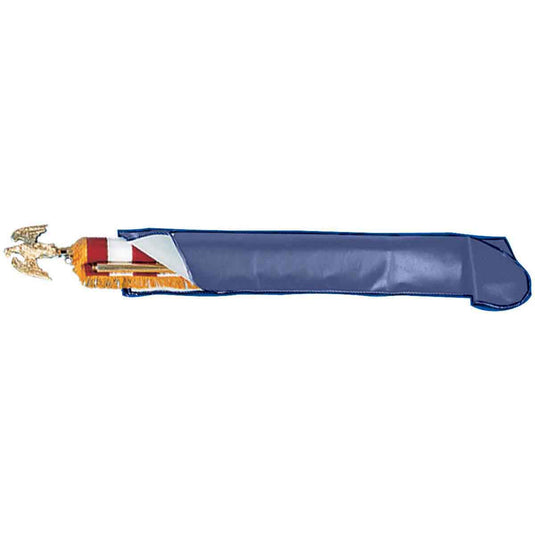 A blue leatherette flag cover protecting a furled indoor flag with gold fringe and an eagle pole topper.