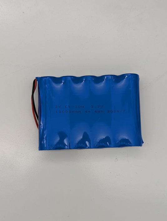 Top view of the Li-ion Solar Flagpole Light Replacement Battery Pack, 3.7V 12000mAh, wrapped in blue plastic.