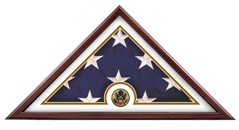 Load image into Gallery viewer, Liberty Freedom Flag Case with a folded US flag and a Great Seal of the United States medallion in a wood frame.
