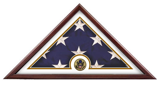 Liberty Freedom Flag Case with a folded US flag and a Great Seal of the United States medallion in a wood frame.