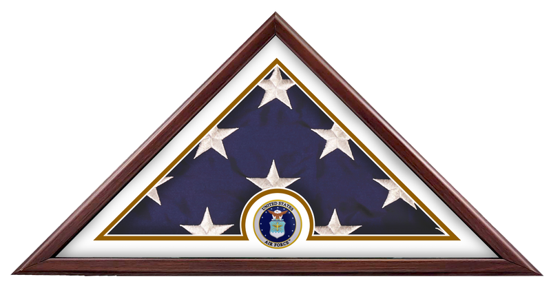 Load image into Gallery viewer, Liberty Freedom Flag Case with a folded US flag and a US Air Force medallion, set against a white mat in a wood frame.

