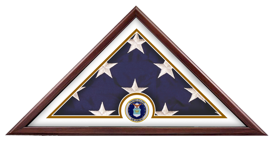 Liberty Freedom Flag Case with a folded US flag and a US Air Force medallion, set against a white mat in a wood frame.