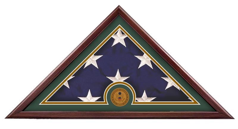 Load image into Gallery viewer, Liberty Freedom Flag Case with a folded US flag and a US Army medallion, set against a dark green mat in a wood frame.
