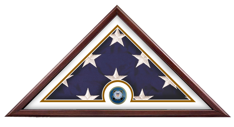 Load image into Gallery viewer, Liberty Freedom Flag Case with a folded US flag and a US Coast Guard medallion, set against a white mat in a wood frame.
