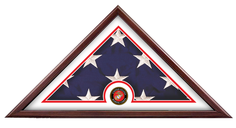 Load image into Gallery viewer, Liberty Freedom Flag Case with a folded US flag and a US Marine Corps medallion, set against a red mat in a wood frame.
