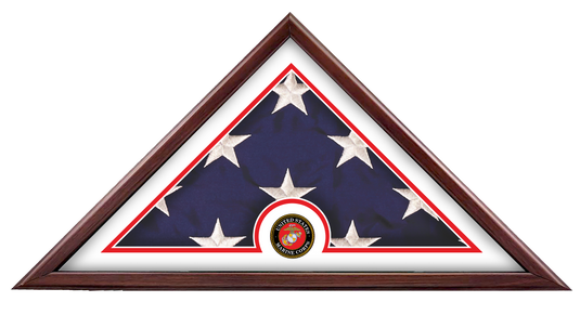 Liberty Freedom Flag Case with a folded US flag and a US Marine Corps medallion, set against a red mat in a wood frame.