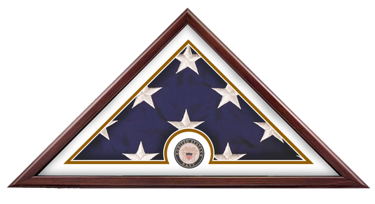 Liberty Freedom Flag Case with a folded US flag and a US Navy medallion, set against a white mat in a wood frame.