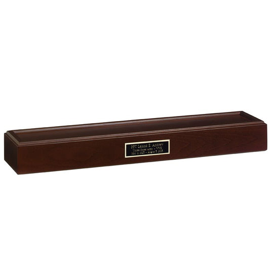 Dark wood Liberty Pedestal Urn for flag case display, featuring an engraved brass plaque on the front.