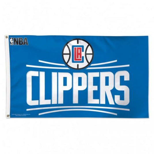 A 3x5 deluxe Los Angeles Clippers NBA flag showing the team name and basketball logo on a blue background.
