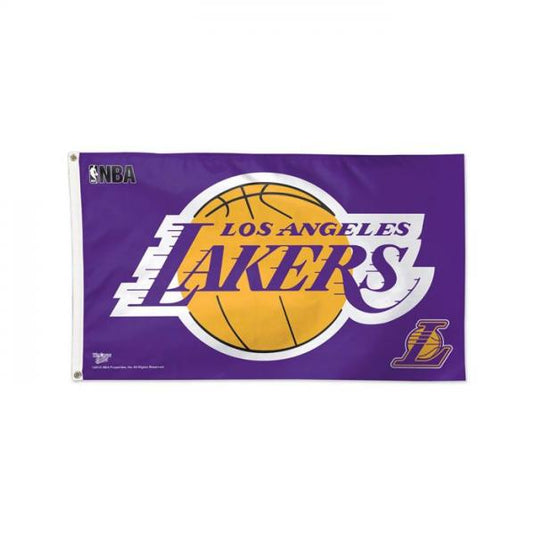A 3x5 deluxe Los Angeles Lakers NBA flag featuring the team's gold basketball and wordmark logo on a purple field.