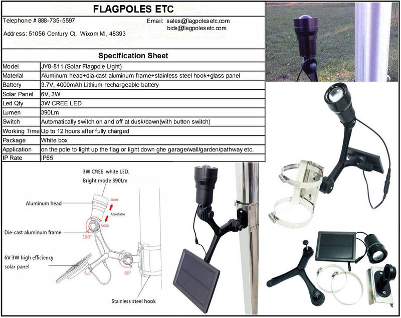Load image into Gallery viewer, Specification sheet for the Loyalty 350 Lux Solar Flagpole Light, detailing its features, materials, and showing diagrams of its adjustable components.
