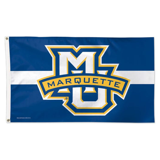 Deluxe Marquette Golden Eagles 3x5 NCAA flag featuring a navy blue field with a bold white horizontal stripe. The center displays the gold, white, and navy blue "MU" logo with the word "MARQUETTE" across the center.