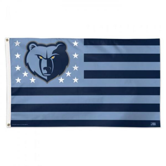 Deluxe Memphis Grizzlies Patriotic 3x5 NBA flag featuring a navy and light blue stripe pattern. The canton displays the fierce Grizzlies bear logo surrounded by white stars.