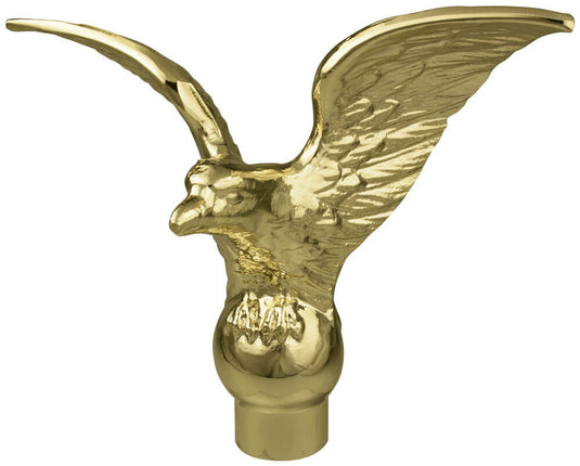 Shiny gold metal flying eagle flagpole ornament (finial). The eagle features outstretched wings and is mounted on a decorative ball and base for display on an indoor or outdoor flagpole.
