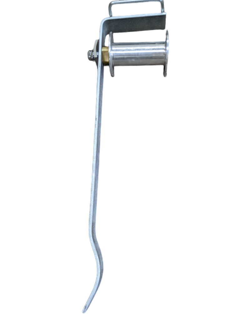 Load image into Gallery viewer, Side profile view of a metal winch system for an internal halyard flagpole, showcasing the internals of the winch.
